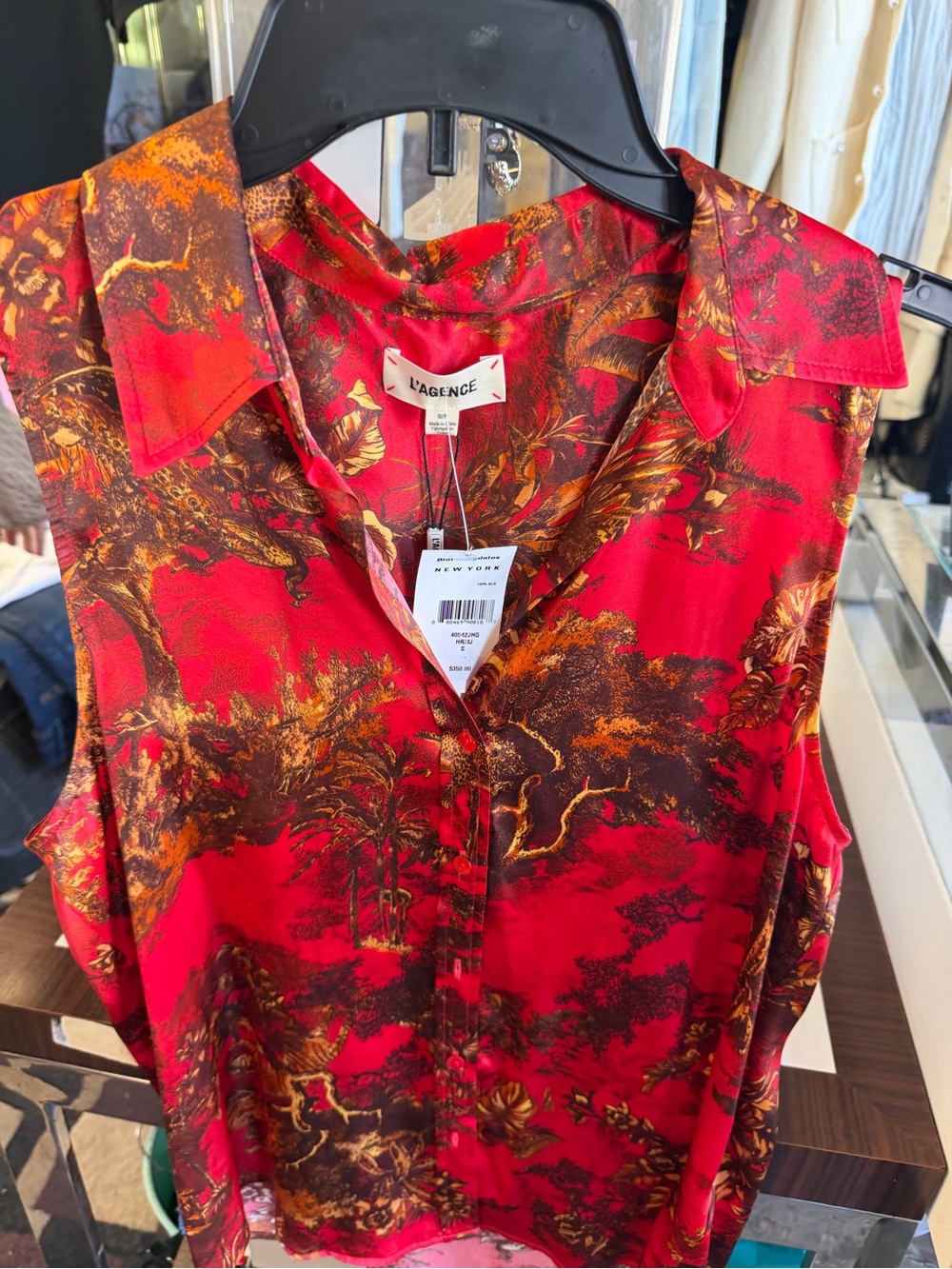 L'AGENCE Red Floral-Print Sleeveless Silk Button-Front Blouse